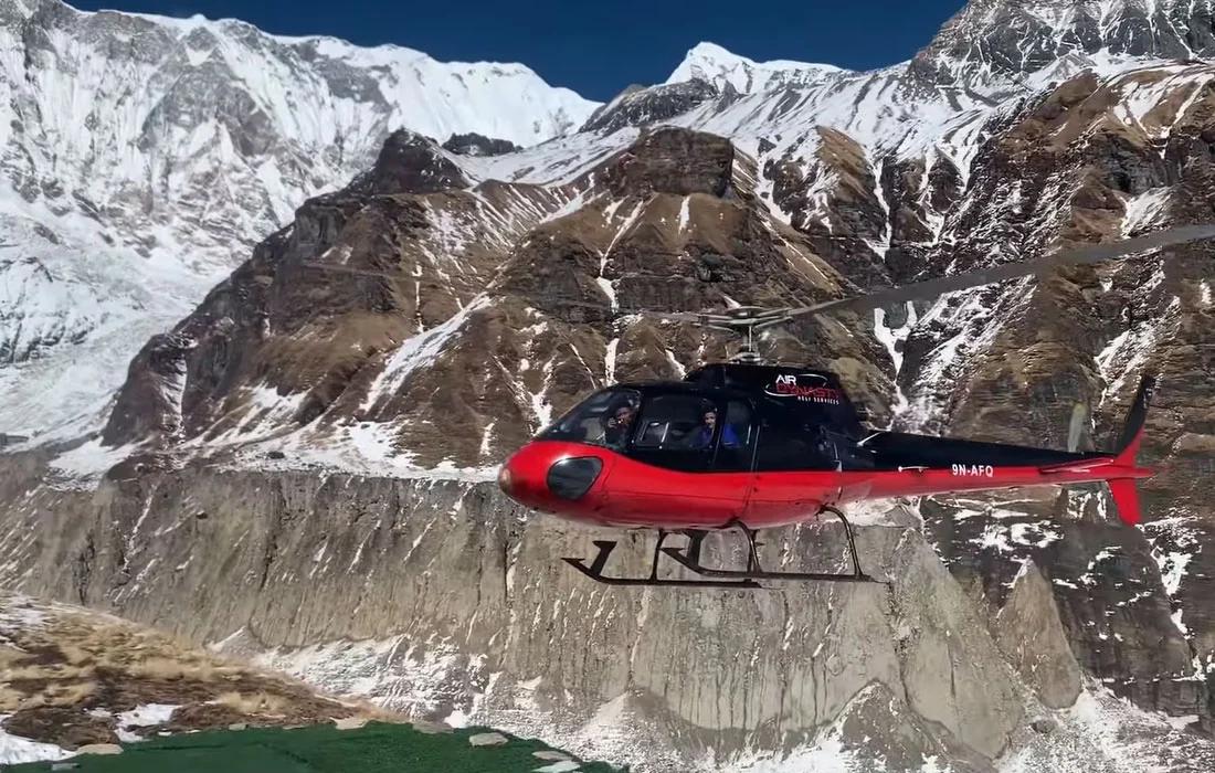 A helicopter on way to Annapurna Base Camp Heli Tour from Pokhara