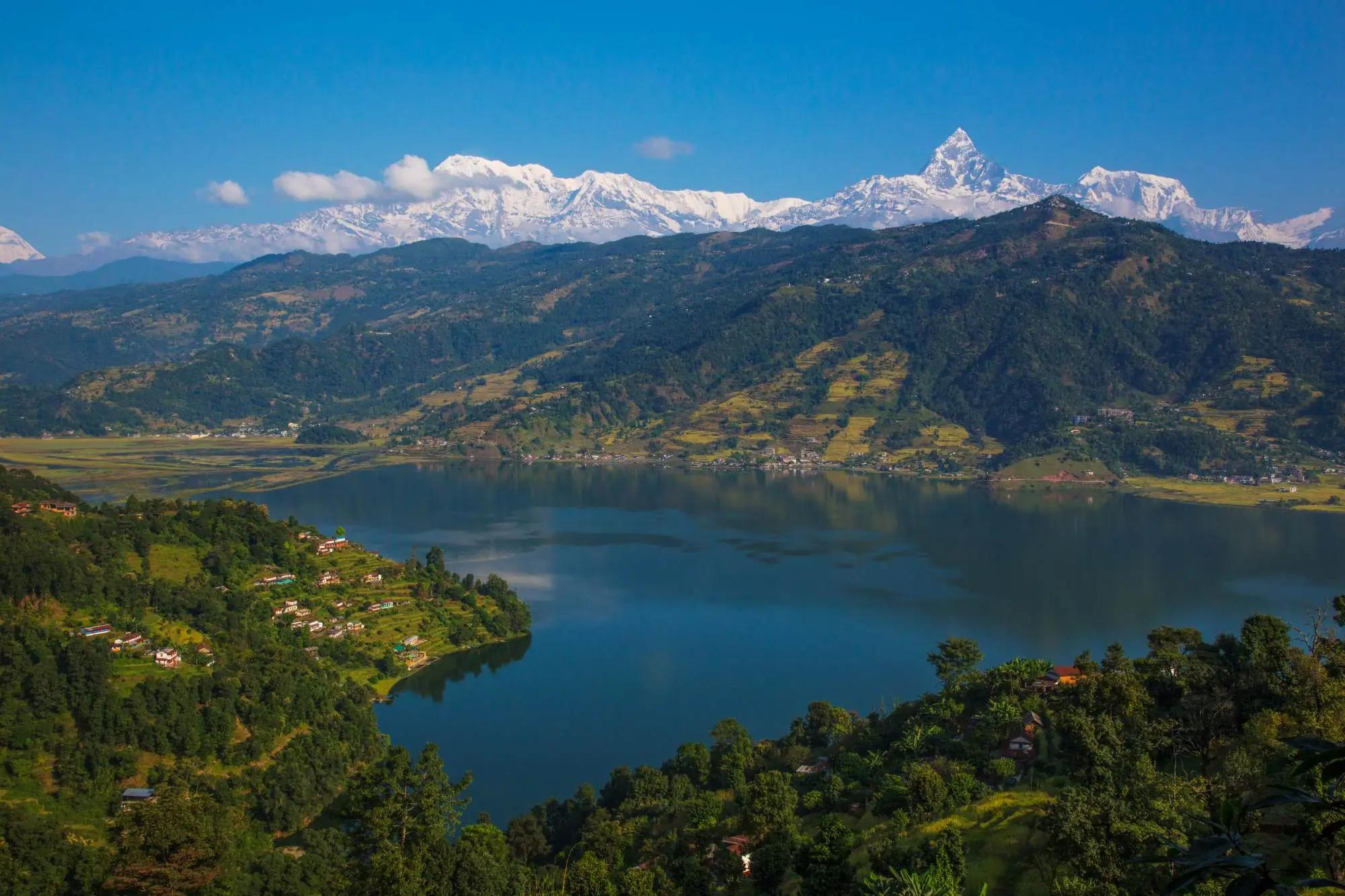 Beautiful city Pokhara Fewa Lake with Mountains in the back