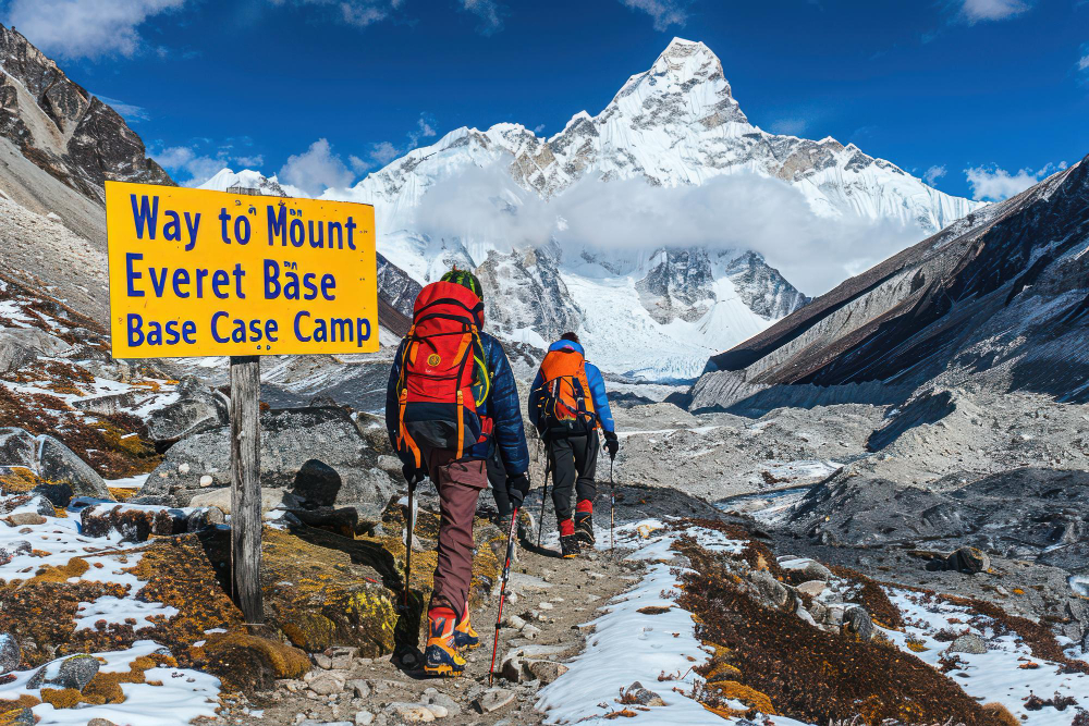 Group of trekkers on the way to everest base camp : Everest base camp weather