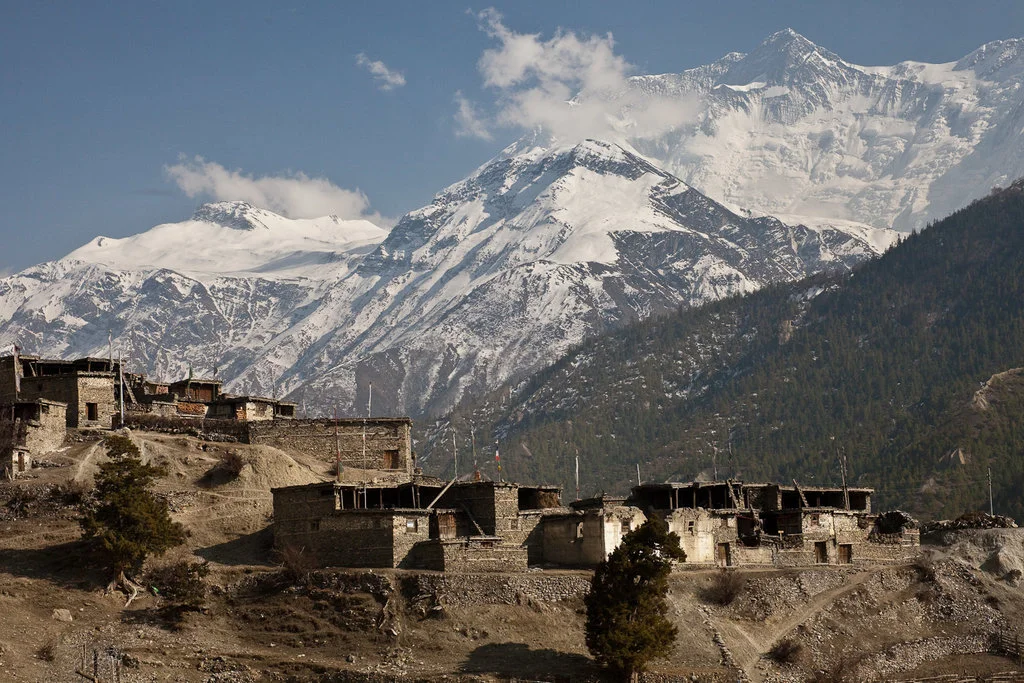 A beautiful view of mountain in the back from the small village of nepal in tghe autumn season