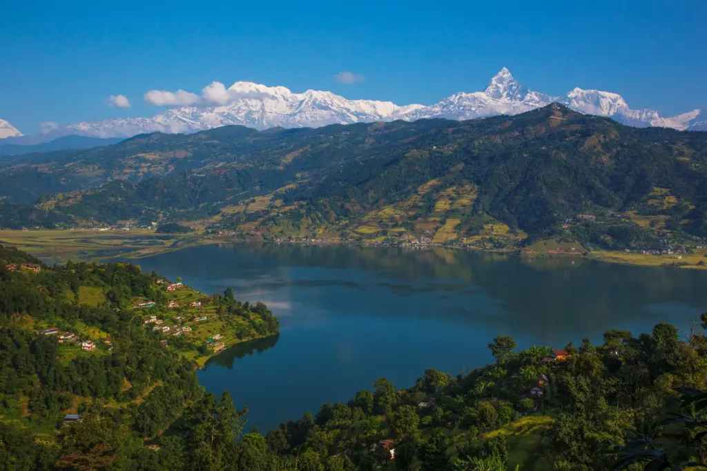 Beautiful view of annapurna mountain range from pokhara in summer season
